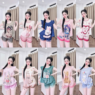 [ Size40-60kg Đồ Ngắn270524 ]Đồ nữ mặc nhà áo tay tiên quần ngắn phối hoạ tiết đáng yêu chất lụa latin cao cấp