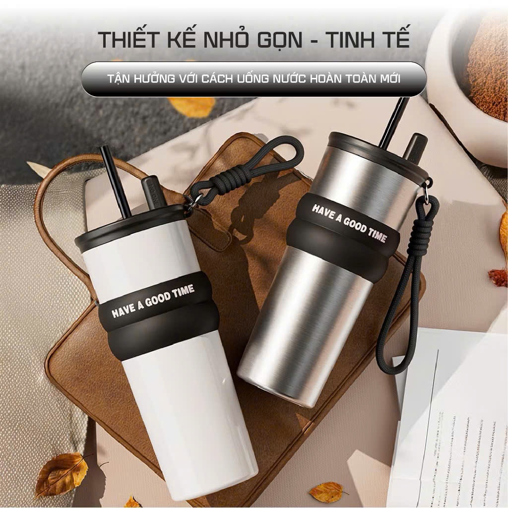 Ly Giữ Nhiệt Phúc Long Cao Cấp - Ly Giữ Nhiệt Màu Sắc Basic Có Ống Hút Chất Liệu Inox 316 Cao Cấp Gi