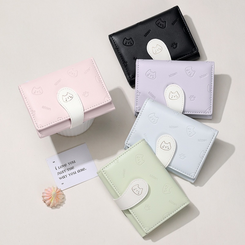 Ví nữ mini da PU gập ba nhiều ngăn in hình mèo Kitten màu pastel dễ thương xinh xắn VEN45