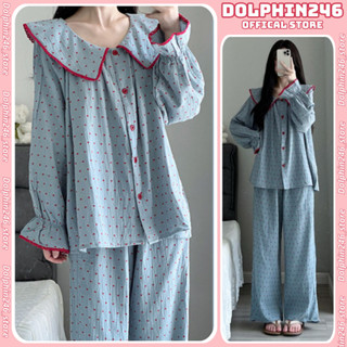 Bộ ngủ tay dài cotton pyjama mặc nhà nữ chấm bi cổ sen dễ thương tiểu thư thu đông bigsize 106 E-21