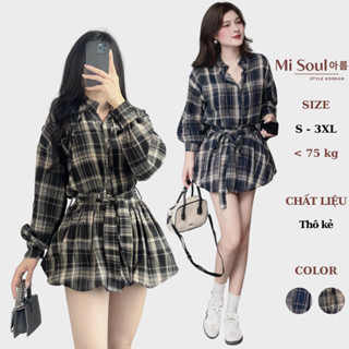 Set Váy Nữ Dài Tay Kẻ Buộc Nơ Mix Chân Váy Bí Xòe Chất Kẻ Thô Mềm BigSize, Set Bộ Áo Sơ Mi Caro Dáng Bí Thắt Nơ 399