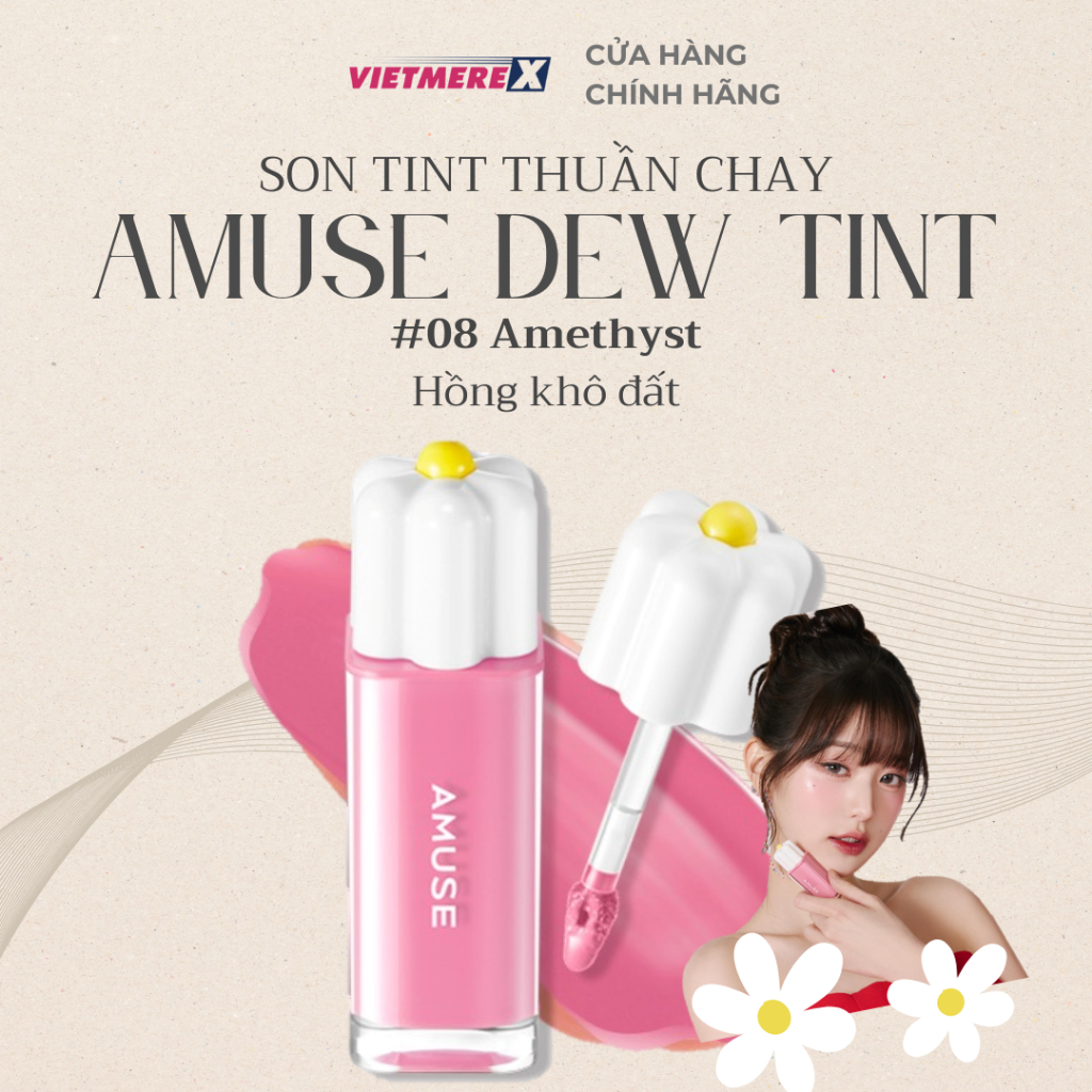 Son tint bóng thuần chay Amuse Dew Tint 4g MLBB màu 08 Amethyst Hồng khô đất son Jang Wonyoung Hot t