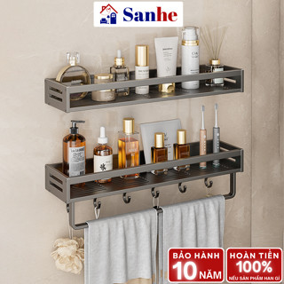 Kệ để đồ nhà tắm chữ nhật đa năng có móc treo đồ, thanh ngang treo khăn lắp đặt dán tường không cần khoan đục Sanhe