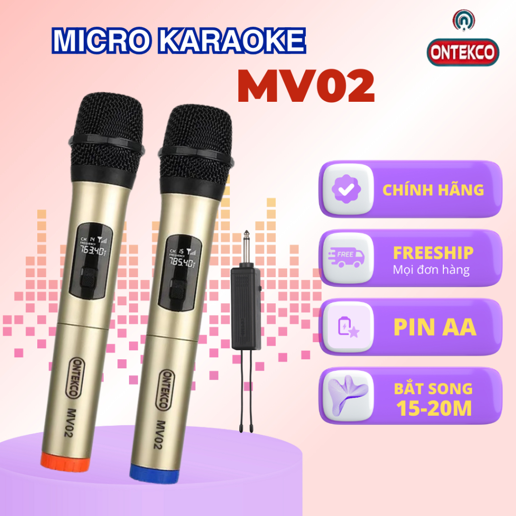 Bộ Micro không dây karaoke chính hãng ONTEK MV02 / MV01 dùng cho các loại loa kéo, âm ly... BH 1 năm