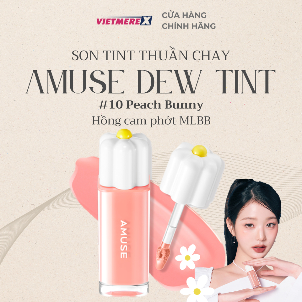 Son tint bóng thuần chay Amuse Dew Tint 4g MLBB màu 10 Peach Bunny Hồng baby phớt Cam son Jang Wonyo