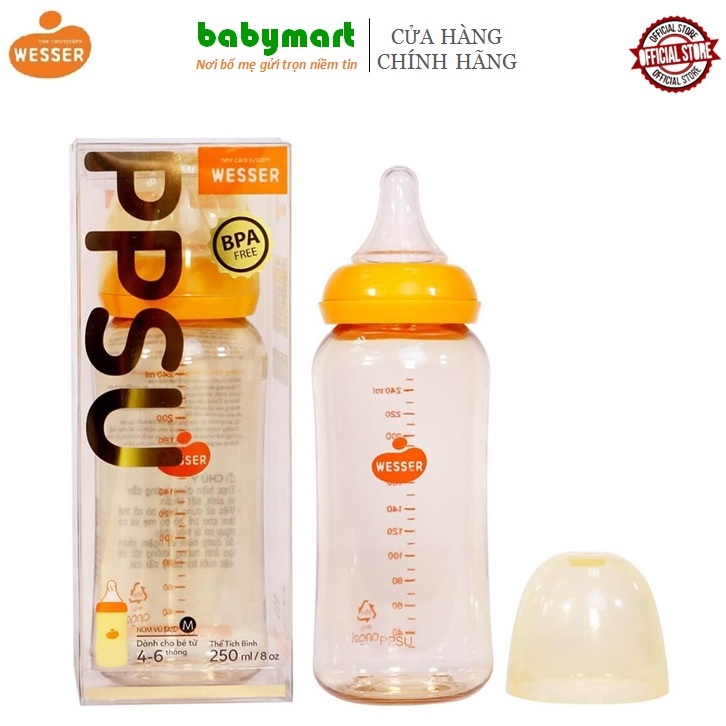 Bình sữa cho bé 3-6th nhựa PPSU cổ hẹp chính hãng Wesser 250ml
