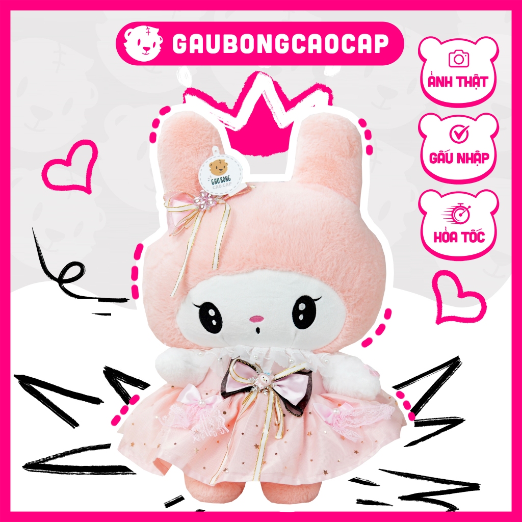 Gấu Bông Thỏ Melody hồng mặc đầm, Gấu Bông Melody lông nhung cao cấp siêu mịn
