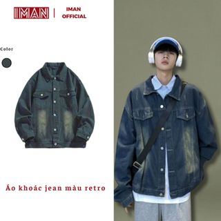 Áo Khoác Jean Nam , Áo Khoác Bò Có Cổ Màu Xanh Retro Unisex IMAN Form Rộng phong cách Basic Hàn Quốc Menswear Denim Jack