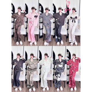 [ Size40/60kg TDQD040424 ]Đồ mặc nhà nữ áo tay dài quần dài cổ chất lụa latin mềm mịn mát