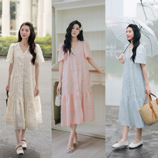 PETBYCHANG - Đầm ren boi hoa nổi 3D, dáng dài suông đuôi cá nút bọc