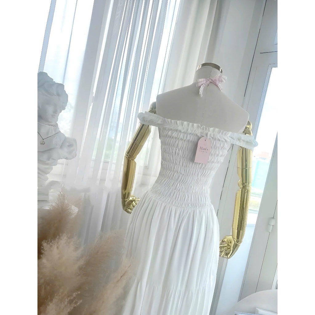 Đầm Maxi Tiểu Thư Phối Viền Kẻ Cúc Bọc Trễ Vai Dáng Dài Chất Liệu Lụa Hàn | BigBuy360 - bigbuy360.vn