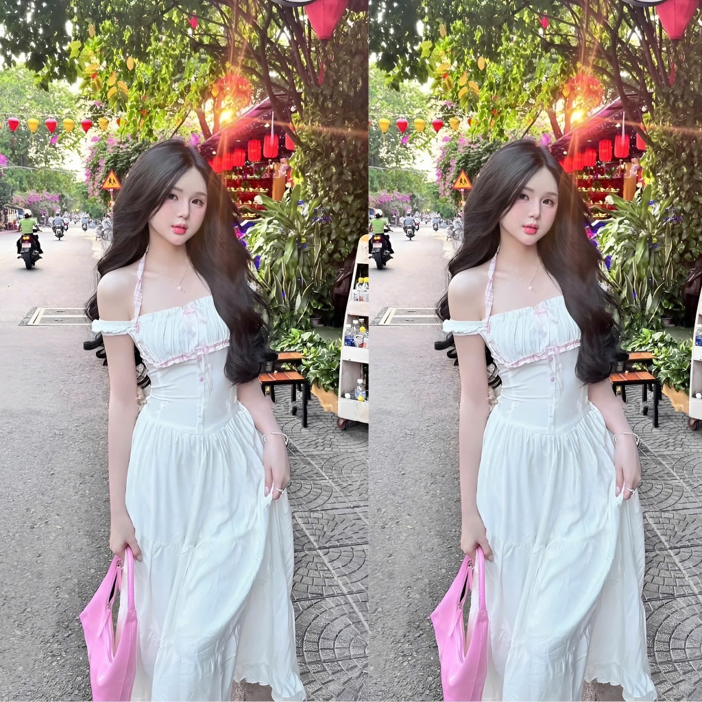 Đầm Maxi Tiểu Thư Phối Viền Kẻ Cúc Bọc Trễ Vai Dáng Dài Chất Liệu Lụa Hàn | BigBuy360 - bigbuy360.vn