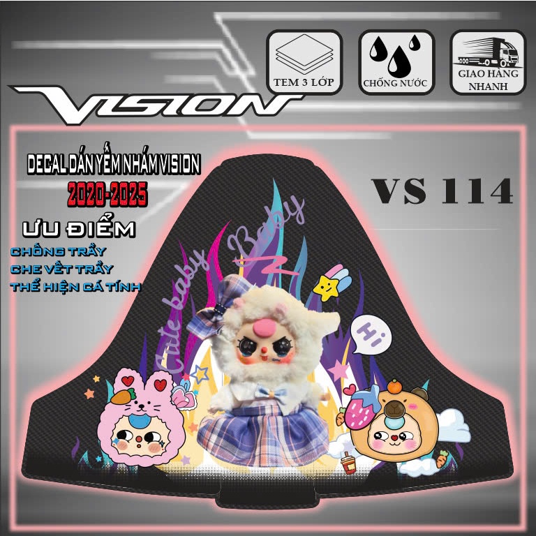Tem dán yếm xe vision 2020-2025 hình baby three hot trend,decal dán mủ nhám trang trí và bảo vệ dàn 