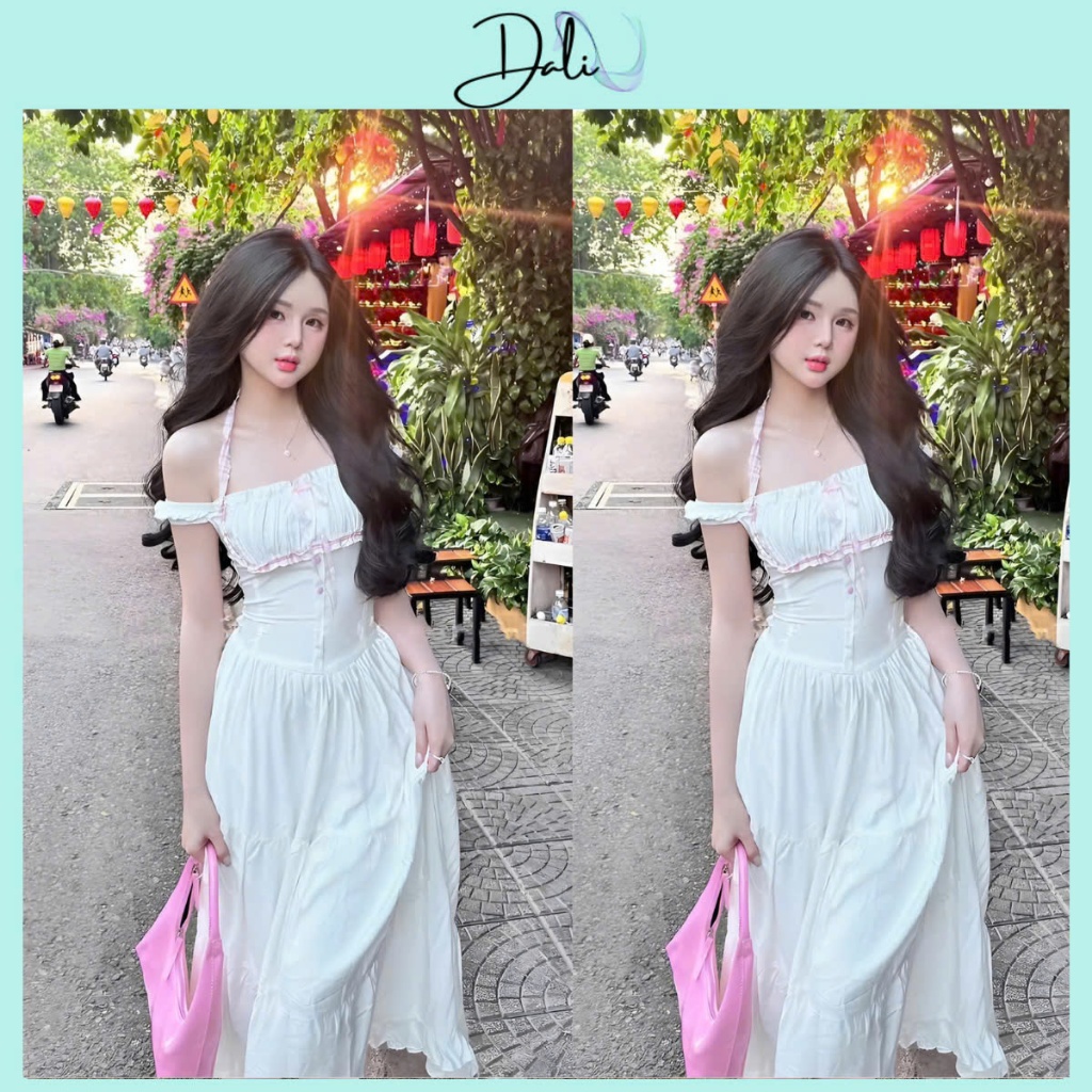 Đầm Maxi Tiểu Thư Phối Viền Kẻ Cúc Bọc Trễ Vai Dáng Dài Chất Liệu Lụa Hàn | BigBuy360 - bigbuy360.vn