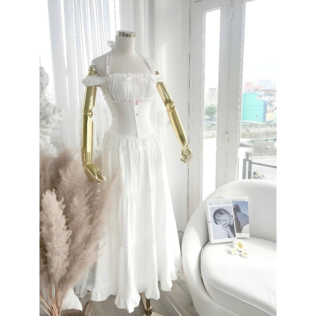 Đầm Maxi Tiểu Thư Phối Viền Kẻ Cúc Bọc Trễ Vai Dáng Dài Chất Liệu Lụa Hàn | BigBuy360 - bigbuy360.vn