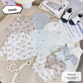 BD45. Bộ sơ sinh dài tay Unchi vạt 2 lớp họa tiết xinh vải petit mềm mát cho bé sơ sinh từ 3-9kg