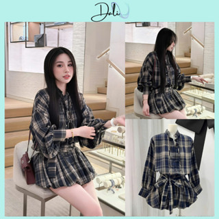 Set Váy Kẻ Caro 2 Món Gồm Áo Sơ Mi Cổ Tàu Tay Bồng + Chân Váy Bí Kèm Đai Có Quần Trong - dali.shop