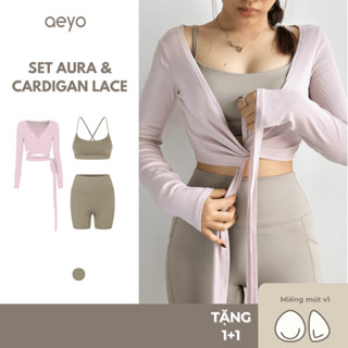 aeyo I Bộ đồ tập yoga gym nữ áo dây chéo, quần đùi cạp cao Aura kèm áo khoác cột dây Lace