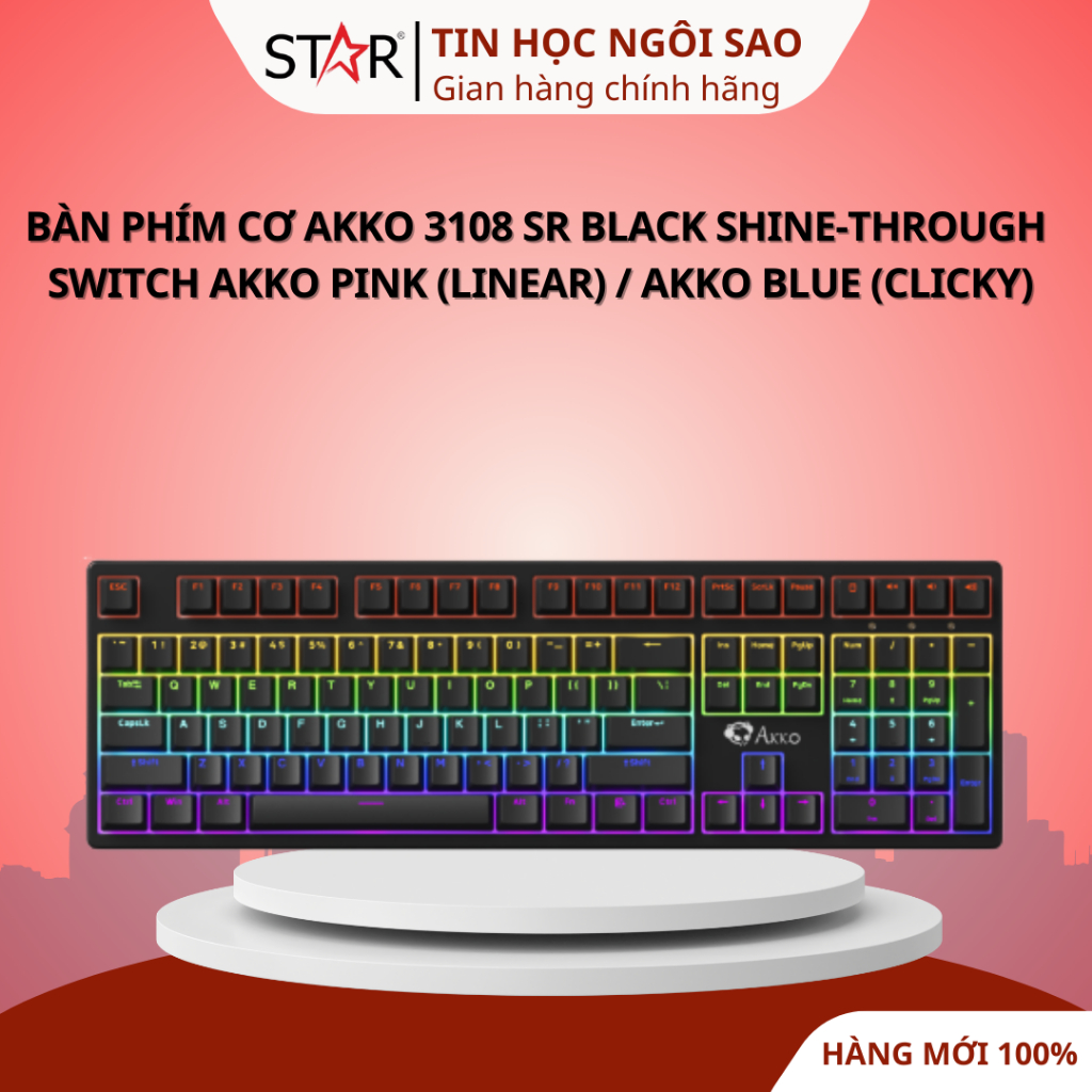 Bàn Phím Cơ Akko 3108 SR Black Shine Through | Switch Akko Blue (Clicky) - Bảo hành 24 tháng