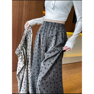  quần ống rộng nữ vải  tuyết sy hạo tiết in nơ   lên phom suông quần đứng dáng cạp chun lưng cao 