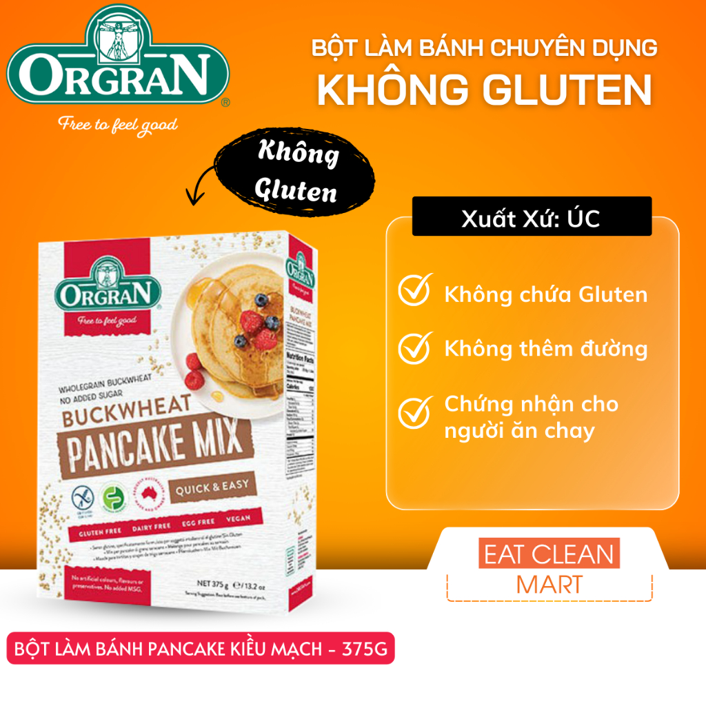 Bột Làm Bánh Pancake Kiều Mạch Không Gluten Orgran - GLUTEN FREE Buckwheat Pancake Mix - Hộp 375g