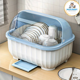 kệ úp chén bát bontra kèm khay ráo nước tiện dụng, kệ bát đũa có nắp đậy chống bụi 6154