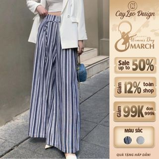 Quần Sọc Ống Rộng Cạp Cao Cây Leo Design Chất Vải Thô Cao Cấp Phối Dây Nơ - Min700