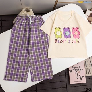 Bộ quần dài caro cho bé 22kg-50kg Áo thun cổ tròn cotton sun&moon 
