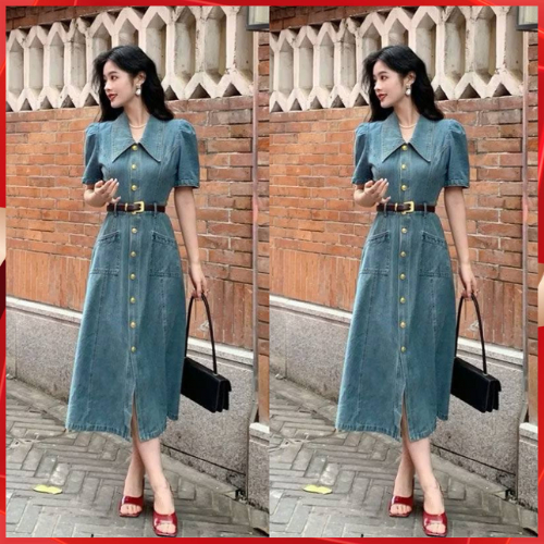 Đầm jean cổ sơ mi dáng dài có kèm đai chất bò mềm - Váy bò dáng dài nữ