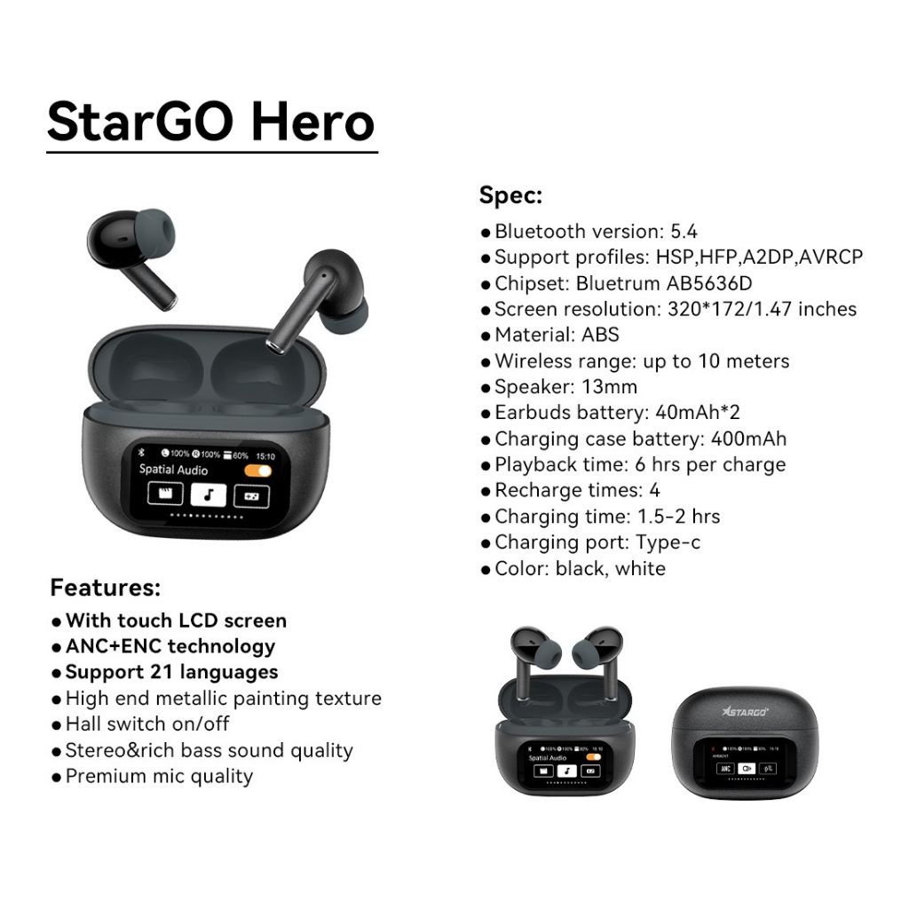 Tai nghe Bluetooth True Wireless StarGO Hero chống ồn ANC thời gian nghe 6h - BH 12 tháng | BigBuy360 - bigbuy360.vn