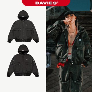 Áo khoác bomber có mũ nhiều túi DAVIES khóa kéo chất liệu da, dù túi hộp tay áo Double Box Hooded Bomber Jacket | D-AK9