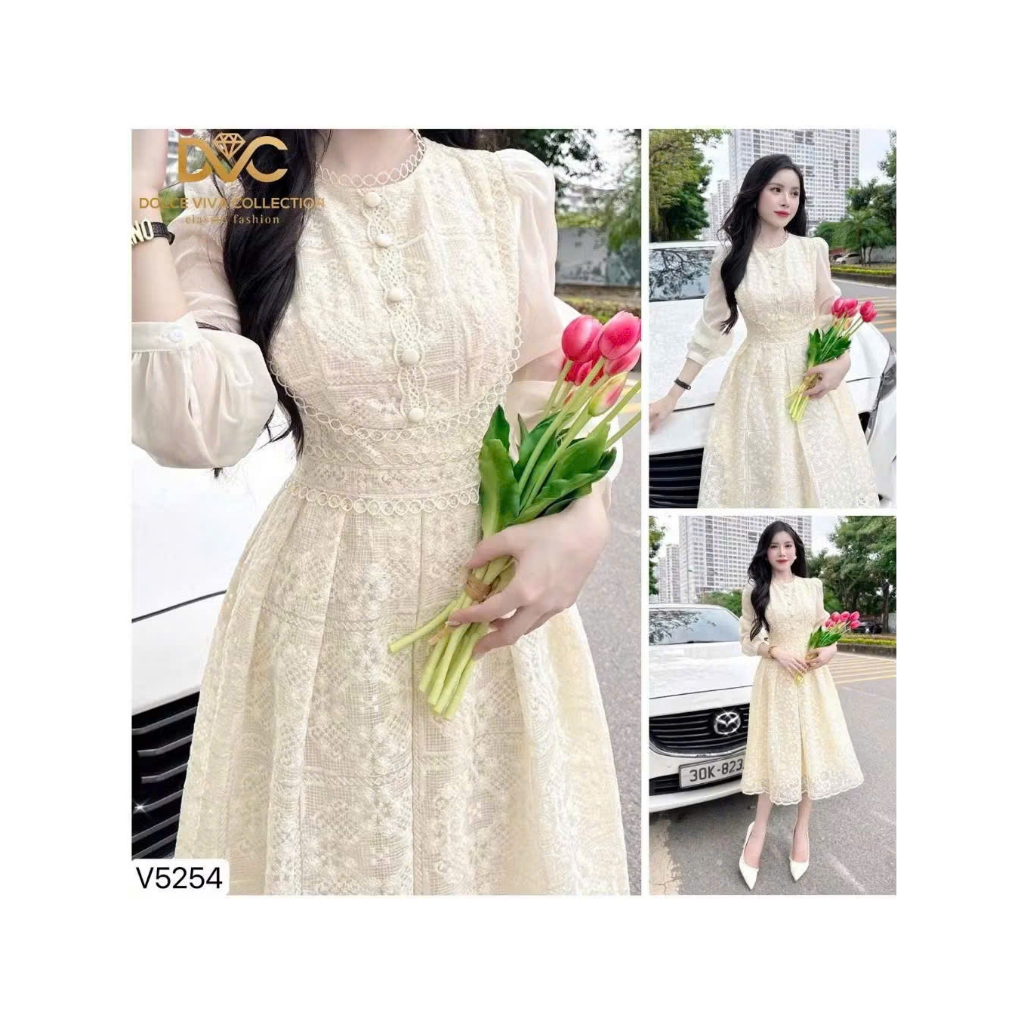 (MV02) - Váy thiết kế / Đầm ren kem cổ rem tay voan dài tiểu thư