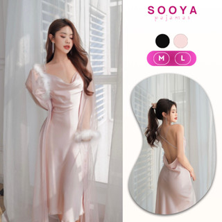 Váy Ngủ Lụa Dáng Dài Cao Cấp Kèm Áo Choàng Đính Lông Sang Trọng Mặc Nhà Sooya N027