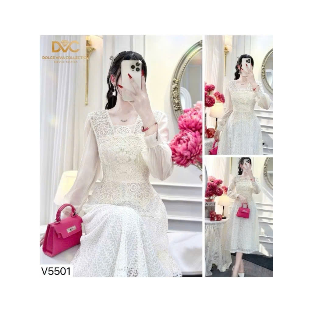(MV03) - Váy thiết kế / Đầm ren phối tơ tay dài tiểu thư sang chảnh