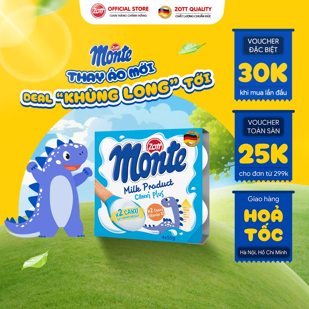 [Giao Hoả Tốc] Váng sữa Zott Monte Canxi Plus nhập Đức (vỉ - 55g x 4 hũ)