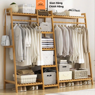 Tủ treo quần áo 3 khoang, kệ treo quần áo NTHT gỗ thông không mối mọt dài 1m8