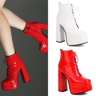 COMBAT BOOT/ Giày boot dancer cột dây đế vuông 14cm mũi vuông màu đỏ, trắng BNCN27