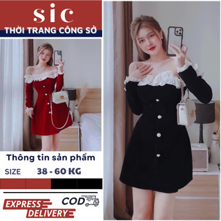 Váy nhung trễ vai cúc đồng phối viền tơ ở ngực dáng ngắn