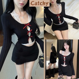 Set áo cardigan tay dài đính nơ kèm áo ren form ôm body tôn dáng phối chân váy ngắn cạp trễ xinh xắn