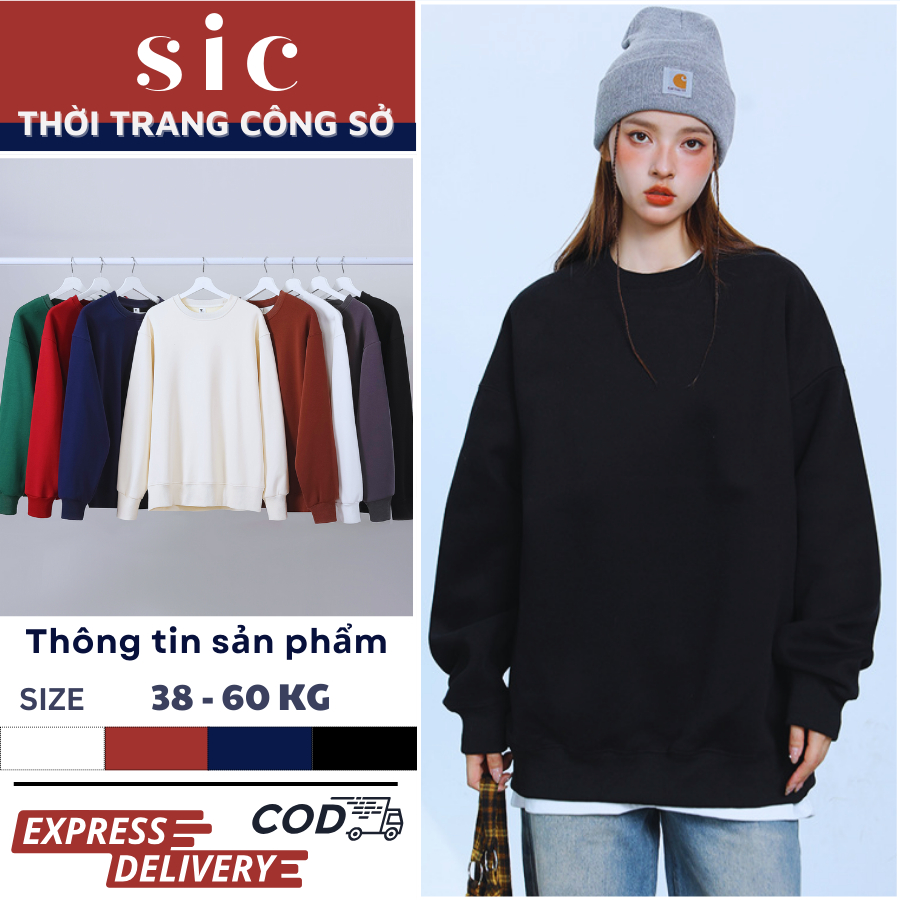 Áo Sweater Trơn Basic Nam Nữ Unisex Chất Nỉ Lót Bông Form Rộng Áo Thu Đông Dài Tay Áo Thun Dài Tay N