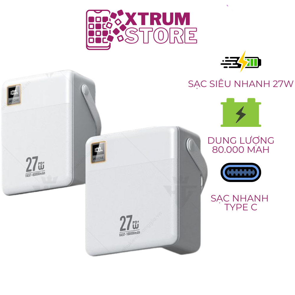 Pin Sạc Dự Phòng Wekome WP-99 80000mAh - Sạc Siêu Nhanh 27W, 4 Cổng USB, Màn Hình LED, Chính Hãng