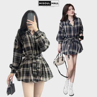 Set Bộ Áo Sơ Mi Cổ Tàu Dài Tay Mix Chân Váy Bí Kẻ Caro Kèm Đai, Set Váy Áo Sơ Mi Kèm Chân Váy Misoul Mall 399