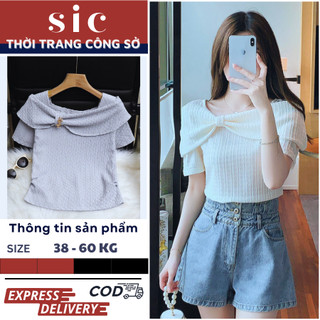 Áo thun cổ thuyền với thiết kế nơ bản to thanh lịch cho các nàng
