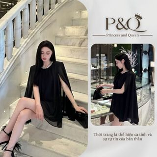Váy cape đen sang trọng cổ đính đá dáng suông vải chiffon kèm quần trong | P&Q vd68