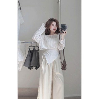 SET LƯỚI KEM 3 MÓN: ÁO LƯỚI CROPTOP TAY DÀI + ÁO 2 DÂY LỆCH RÚT DÂY KEM + QUẦN SUÔNG KEM ỐNG RỘNG
