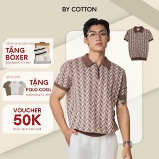 Áo Thun Polo Nam By Cotton Dệt Kim Cao Cấp Monogram Hoạ Tiết Nâu Trắng