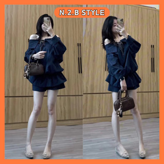 Váy Trễ Vai Cổ Nơ Kẻ Xanh Tay Phồng Dáng Bí Bo Chun Eo Kèm Quần Đùi Rời N2bstyle