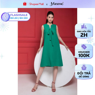 Đầm suông linen màu xanh phối nơ ngực Maxivic - LM012329