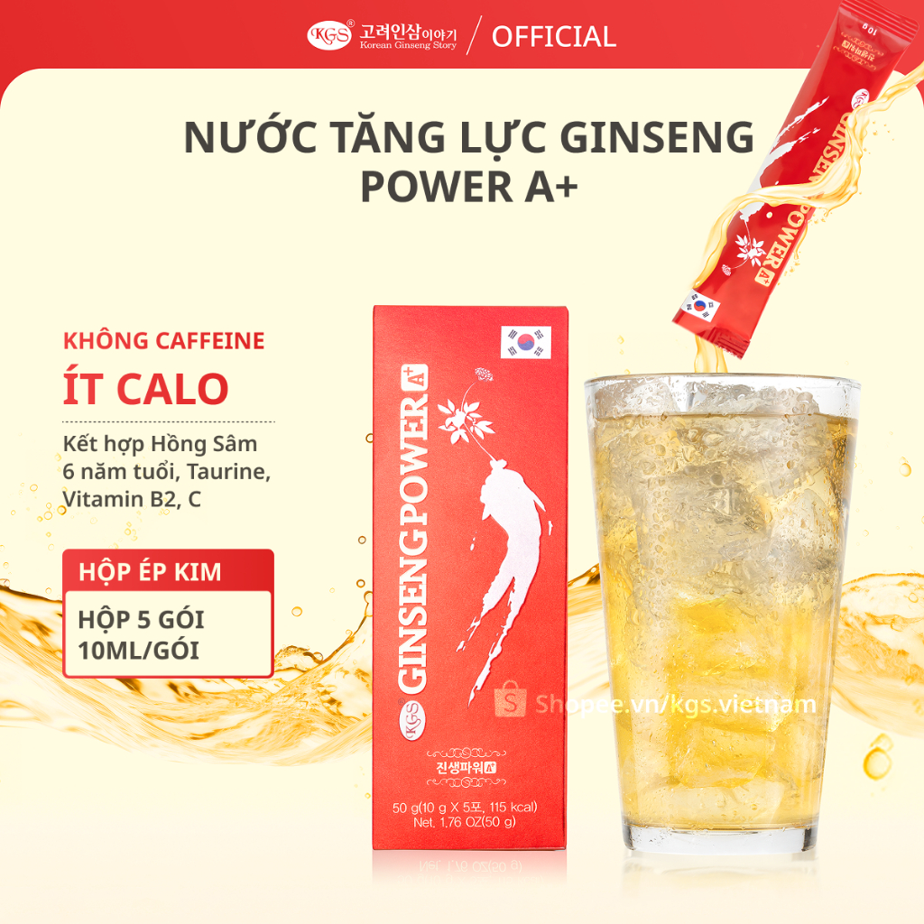 Hộp 5 gói Nước tăng lực hồng sâm 6 năm GINSENG POWER A+ Hàn Quốc KGS, 10ml/gói