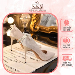 Giày Cao Gót Đính Kim Tuyến Lấp Lánh Nơ Hậu 9 Phân, Giày Cao Gót Mũi Nhọn Xưởng Giày Xinh